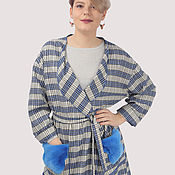 Одежда handmade. Livemaster - original item Cardigan coat in a cage with natural fur blue white gray. Handmade.