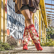 Обувь ручной работы handmade. Livemaster - original item Boots: LARRY embroidered red high boots - Handmade. Handmade.