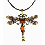 Украшения handmade. Livemaster - original item Dragonfly pendant amber brass Amulet talisman for good luck happiness to a woman. Handmade.