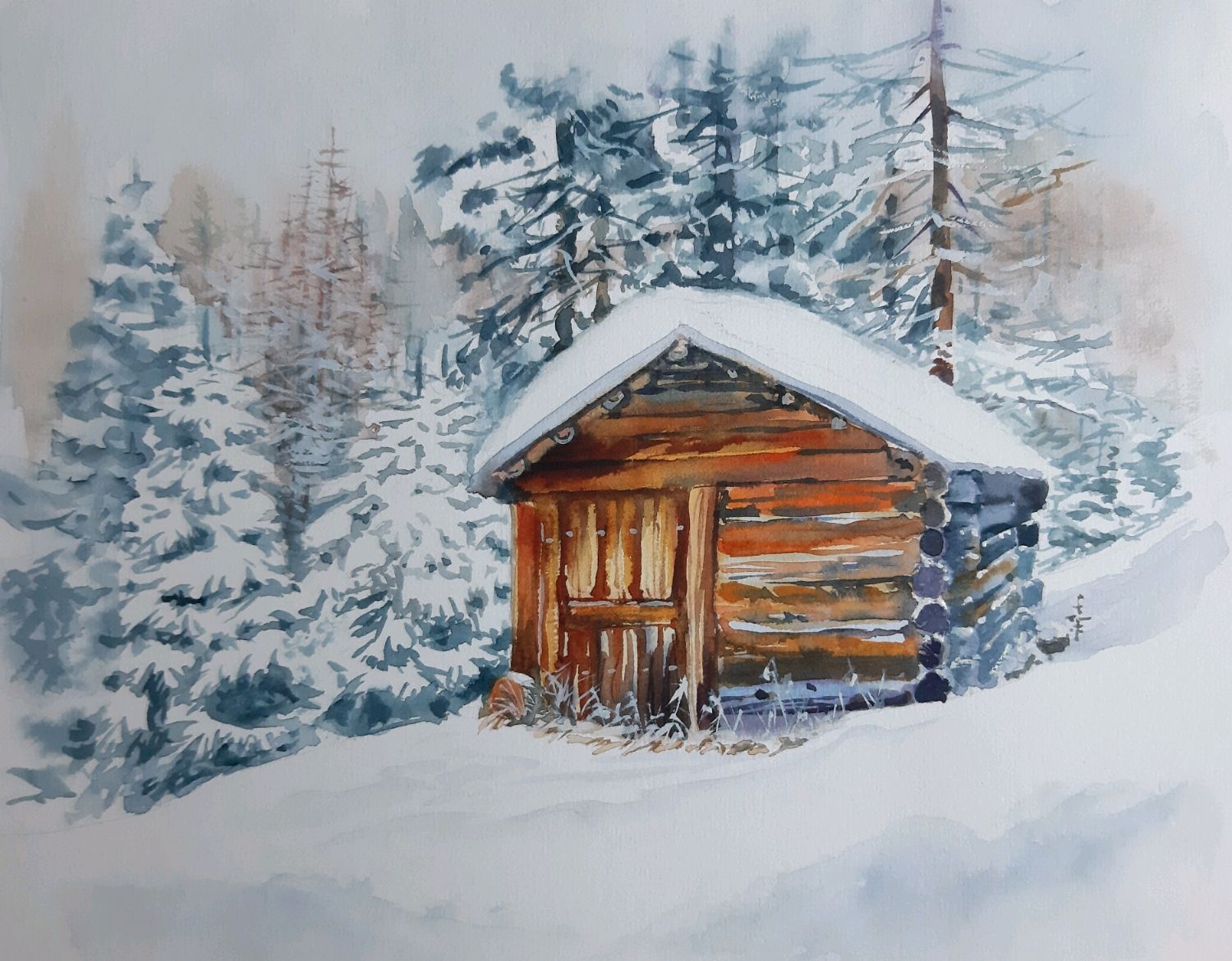 Зимний домик в лесу акварель