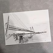 Картины и панно handmade. Livemaster - original item Painting black and white graphics A4 cable-stayed bridge in St. Petersburg drawing Rybatskoe. Handmade.