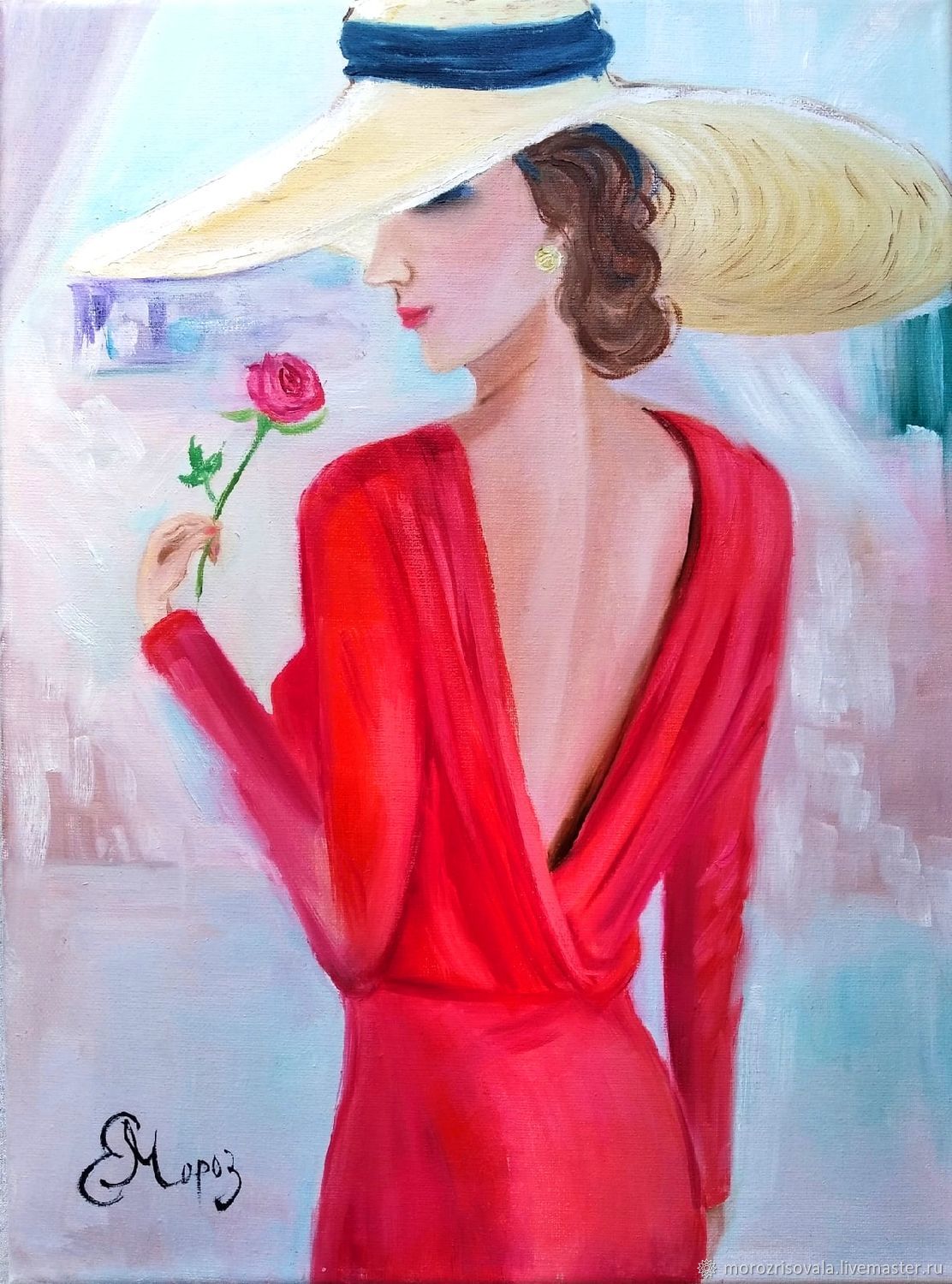 Картина женщина в шляпе с красными губами облокотившаяся на руку