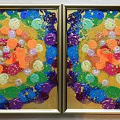 Картины и панно handmade. Livemaster - original item The painting is a rainbow diptych on a golden background in frames 