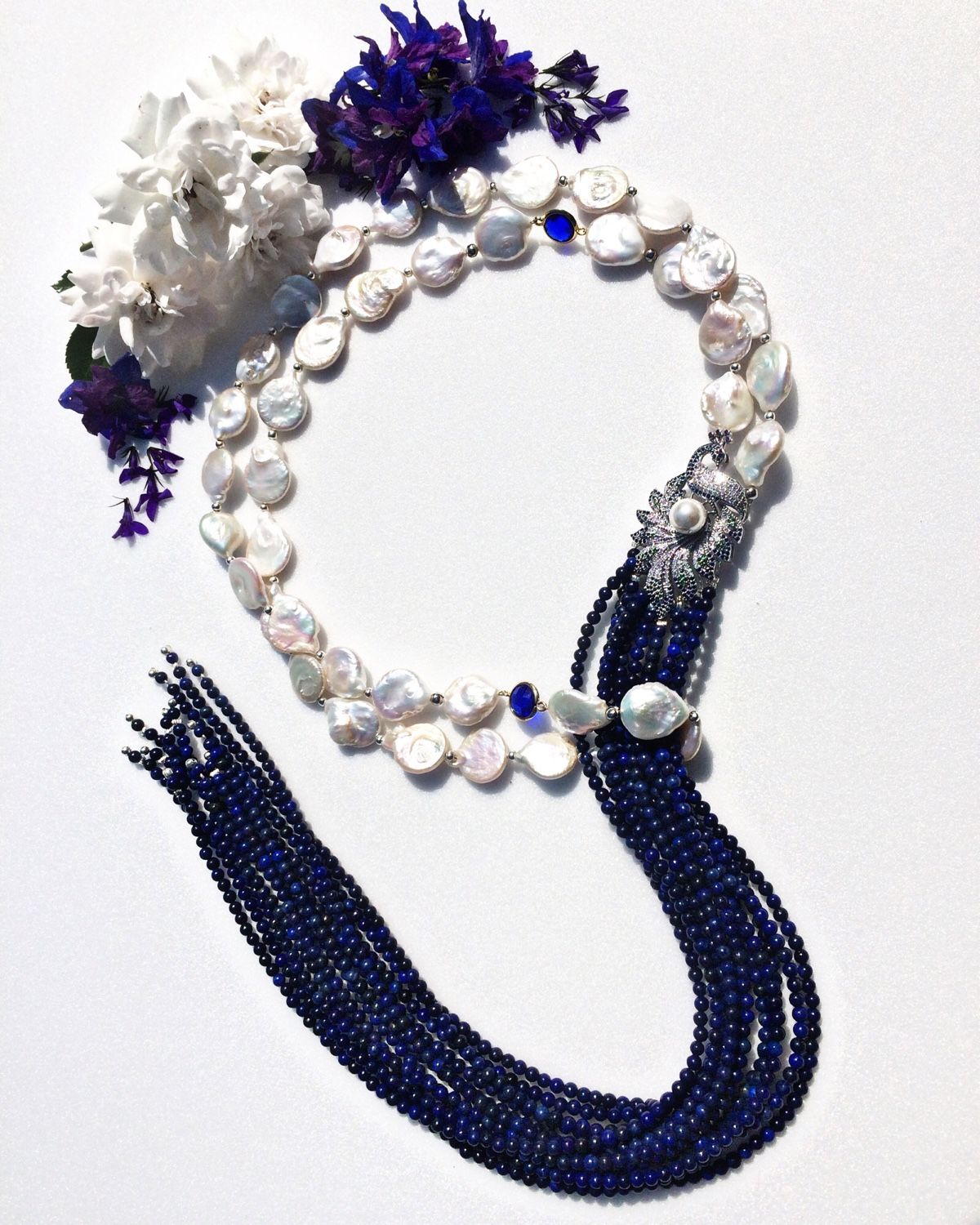 Peacock grace necklace in Baroque pearls and lapis lazuli, Necklace, Tolyatti,  Фото №1