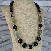 Украшения handmade. Livemaster - original item Beads made of obsidian and prenite 