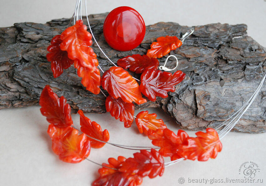 Necklace and earrings 'Wind (Red autumn leaves)' lampwork, Jewelry Sets, St. Petersburg,  Фото №1