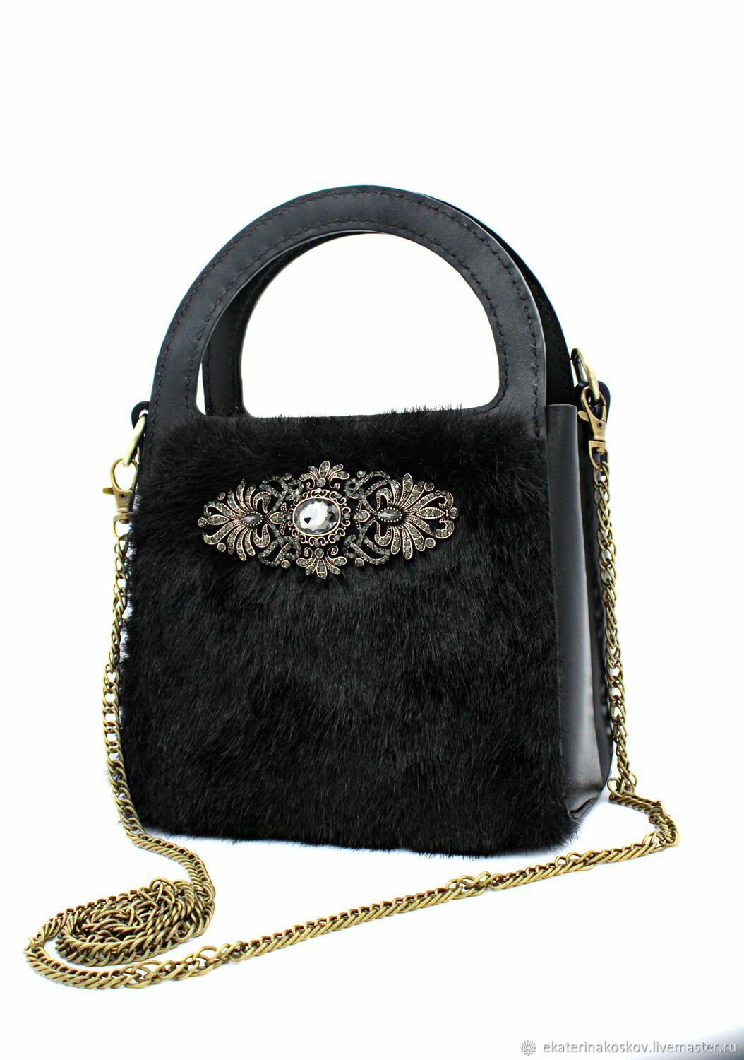  Женская кожаная черная сумка с мехом, Классическая сумка, Санкт-Петербург,  Фото №1