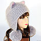 Order Hat cat ears Cat with POM-POM, grey fluffy knit women's. Space Cat Knitting. Livemaster. . Caps Фото №3