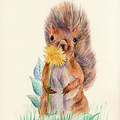 Картины и панно handmade. Livemaster - original item Watercolor painting of a squirrel with a dandelion. Handmade.