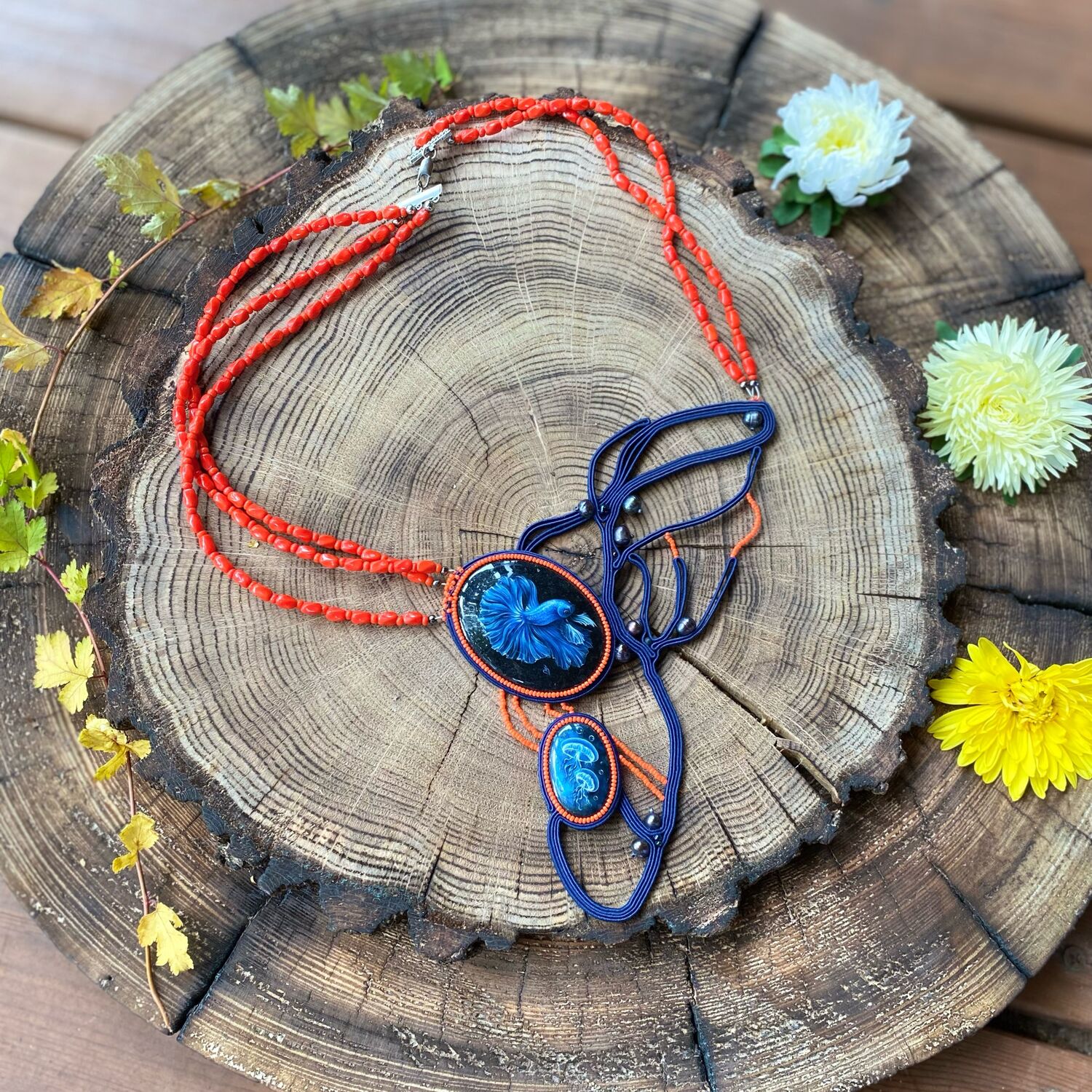 Ink soutache necklaces, beads decoration and stone painting Reef, Necklace, Moscow,  Фото №1