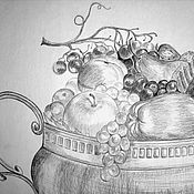Ваза с фруктами, натюрморт карандашом, графика