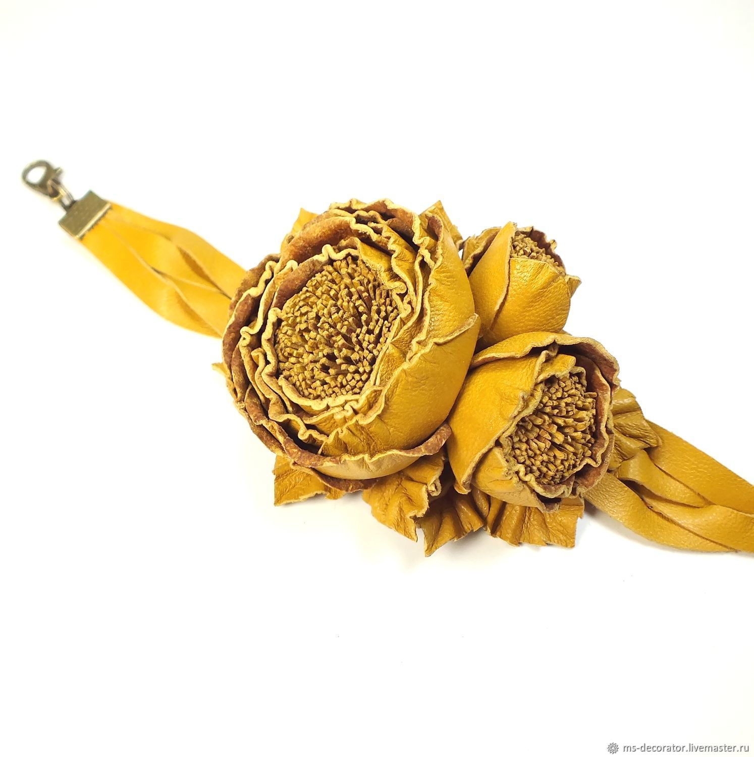 Rose dance Yellow Leather bracelet handmade Flowers, genuine leather, Braided bracelet, St. Petersburg,  Фото №1