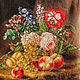 картина натюрморт `Цветы и Фрукты`,выполнена в технике ручная вышивка крестом,  репродукция картины художника 19 века, картина с цветами, букет с разными цветами, вышитая картина