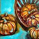 Pumpkin painting oil still life with pumpkins in a basket on a blue background. Pictures. Yulia Berseneva ColoredCatsArt. Online shopping on My Livemaster.  Фото №2