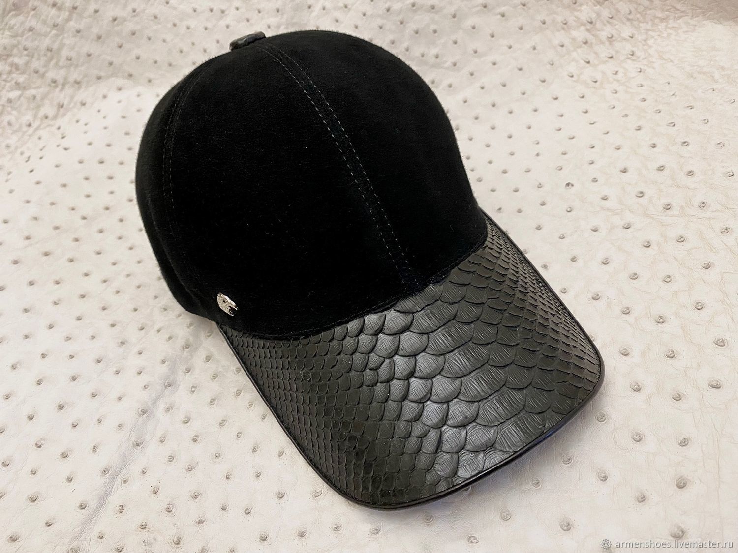Men's baseball cap, made of genuine python leather and genuine suede, Baseball caps, St. Petersburg,  Фото №1