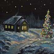 Картины и панно handmade. Livemaster - original item Picture miniature Christmas tree, new year`s eve, 20h15, oil. Handmade.