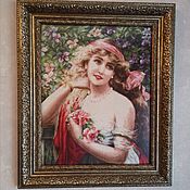 Картина, вышитая крестиком, "Девушка и розы"