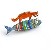 Украшения handmade. Livemaster - original item Cat on a fish brooch 