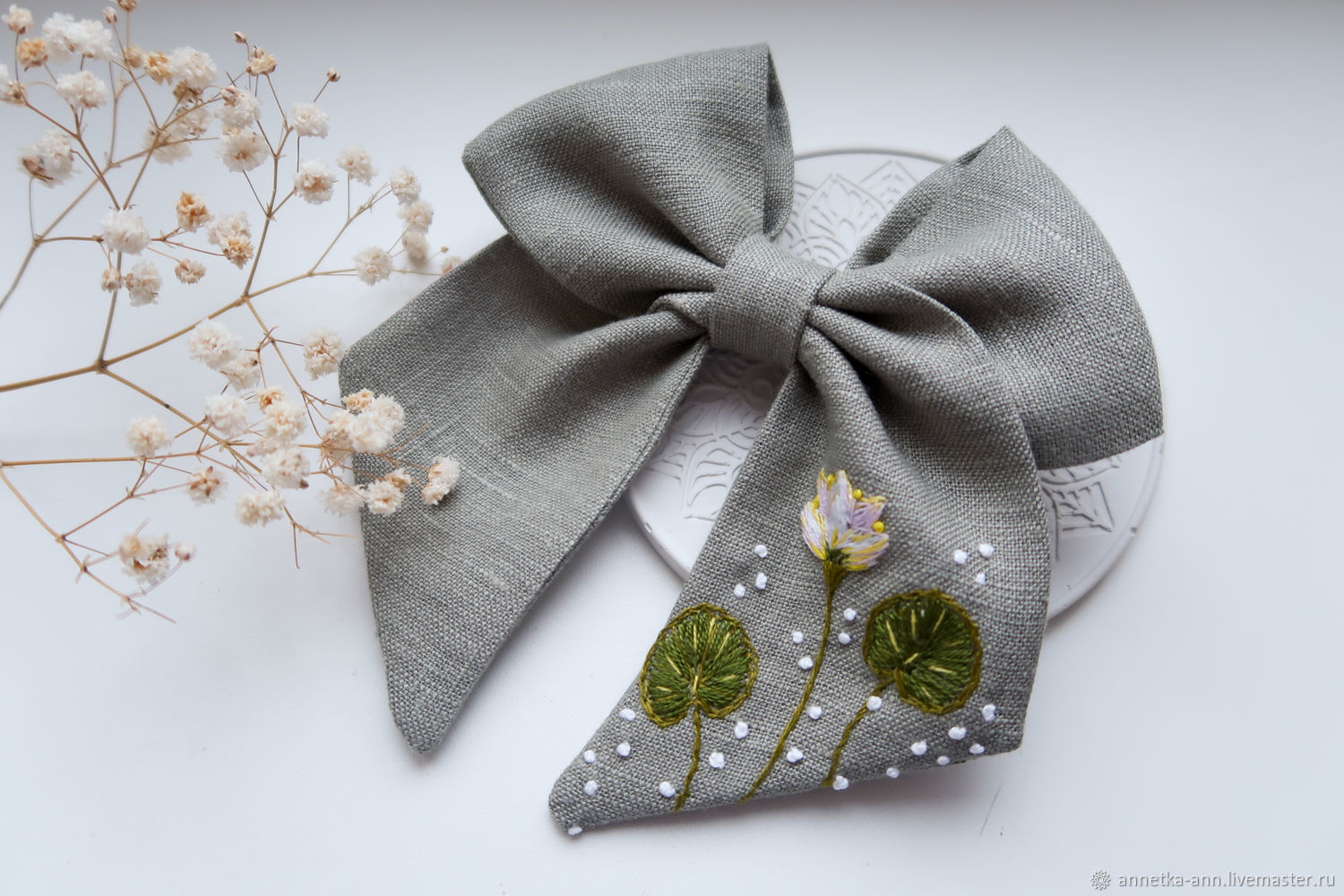 Bow - linen, embroidery Lotus/Water Lily, Hairpins, Fryazino,  Фото №1