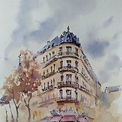 Картины и панно handmade. Livemaster - original item Painting watercolor Autumn in Paris (blue-violet, beige). Handmade.