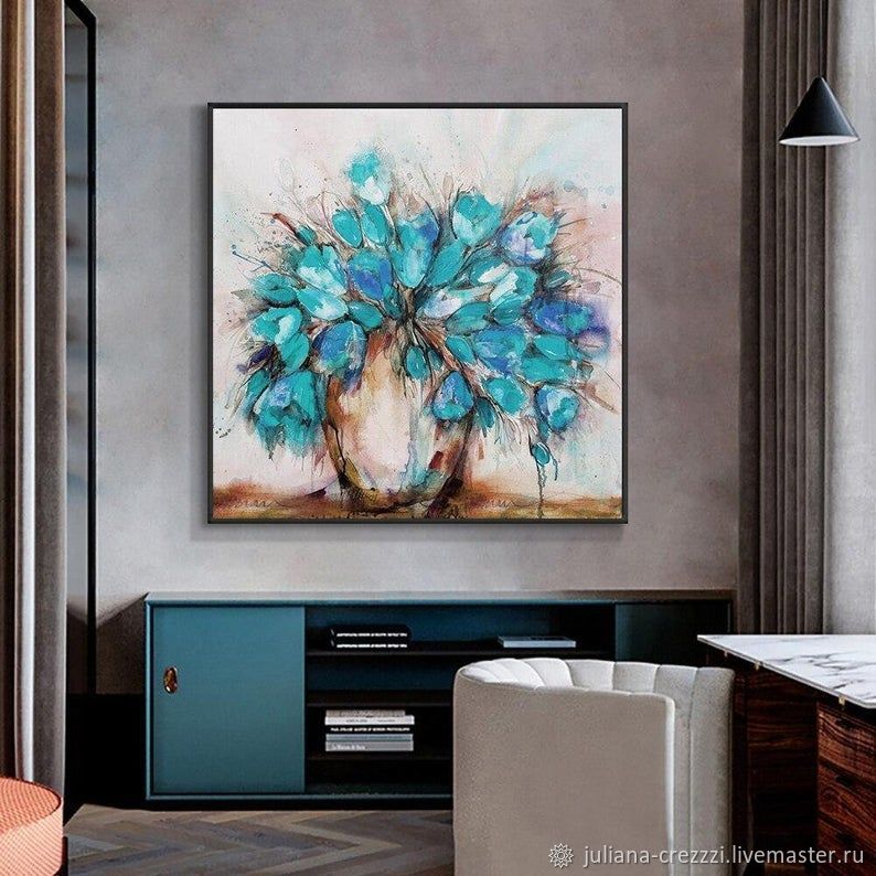 Картина на холсте Красивые голубые цветы в вазе Живопись маслом в дом в ...