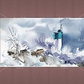 Картины и панно handmade. Livemaster - original item Painting Lighthouse watercolor (gray indigo white blue-green). Handmade.