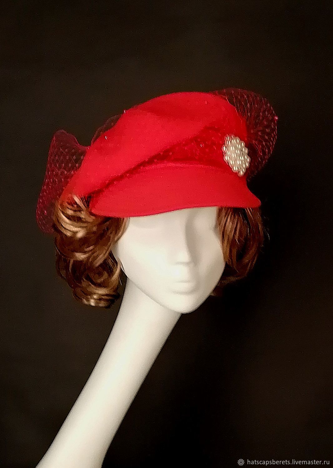 Unique red cap with veil handmade by designer Ushakova, Caps1, Moscow,  Фото №1