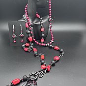 Jewelry sets: Bracelet and earrings made of rhodonite and black Agate