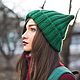 Set green, warm hat elastic band with lapel with ears, mittens, Headwear Sets, Tambov,  Фото №1