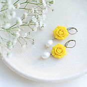 Украшения handmade. Livemaster - original item Handmade earrings with a yellow rose and pearl. Handmade.