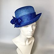 Аксессуары handmade. Livemaster - original item A straw hat with a blue waist and an asymmetrical brim. Handmade.