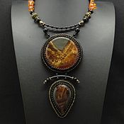 Pendant with ammonite geode and agates