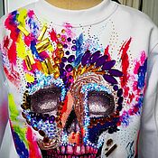 Одежда handmade. Livemaster - original item Sweatshirt with hand embroidery and painted skull Bright stones rhinestones footer. Handmade.