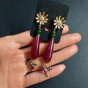 Украшения handmade. Livemaster - original item Earrings with agate and chalcedony. Hummingbird, flower, burgundy and green.. Handmade.