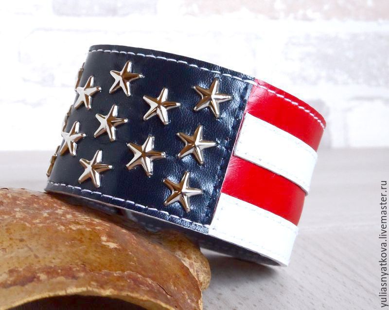 US Flag Leather Bracelet, Wide Leather Wristband, Hard bracelet, St. Petersburg,  Фото №1