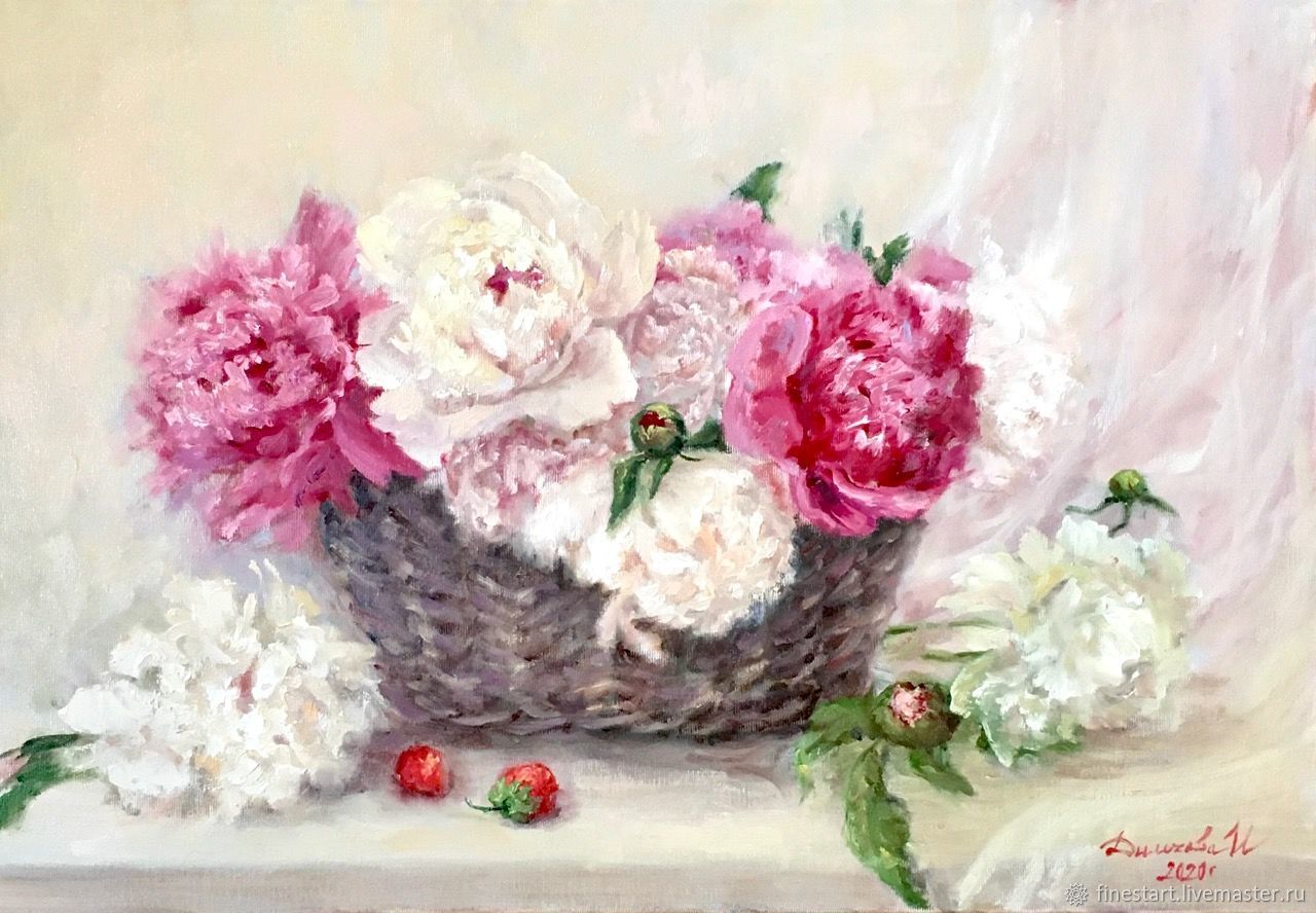 Корзина с пионами рисунок