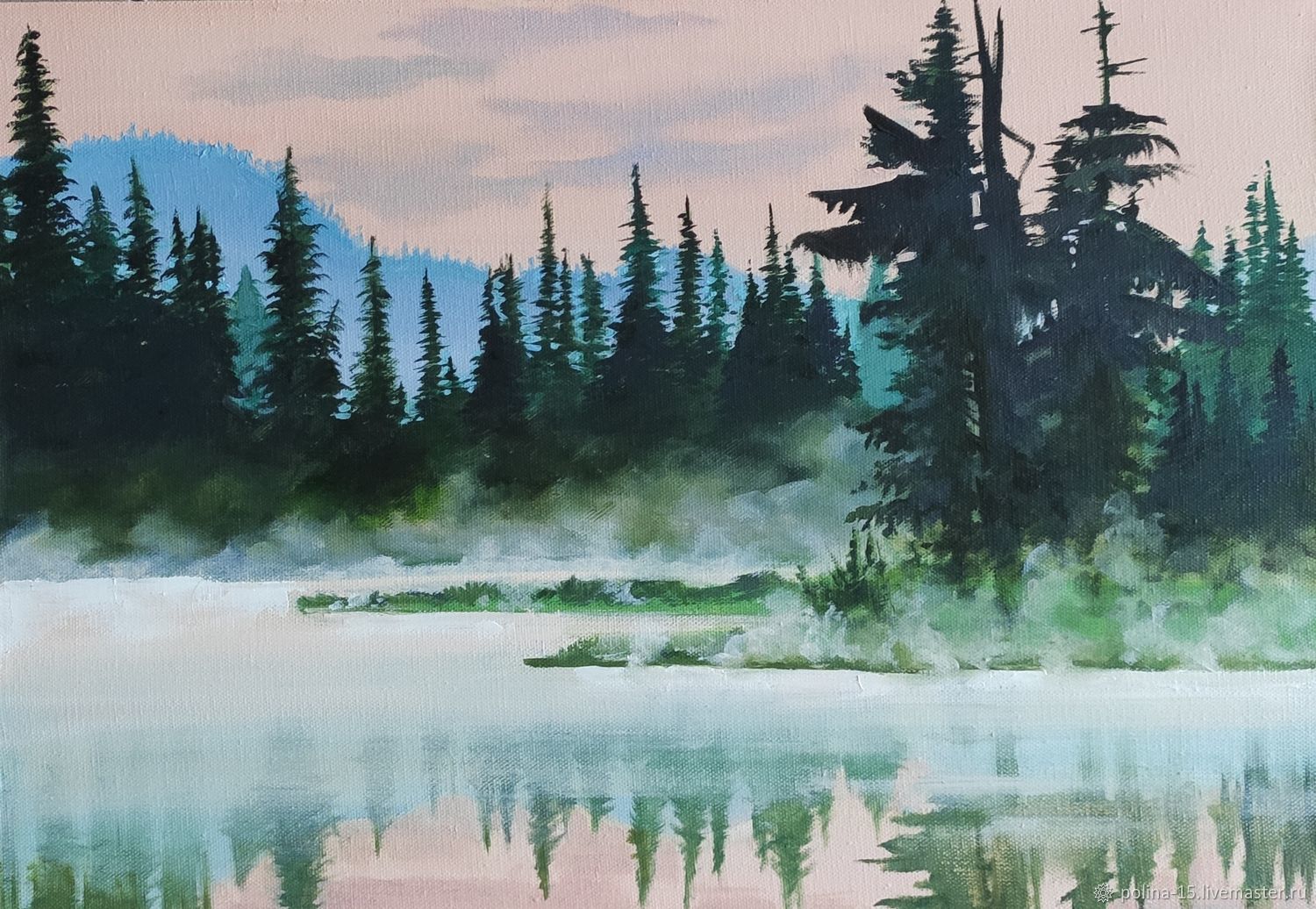 Картина река в лесу