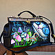 Alice in Wonderland Black leather doctor bag Painted Cheshire Cat art, Classic Bag, Trakai,  Фото №1