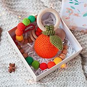 Работы для детей, handmade. Livemaster - original item Baby box: nipple holder, rodent, rattle-orange. Handmade.