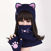 Аксессуары handmade. Livemaster - original item Headband with Cat ears Snood with Cat face Mittens with paws. Handmade.