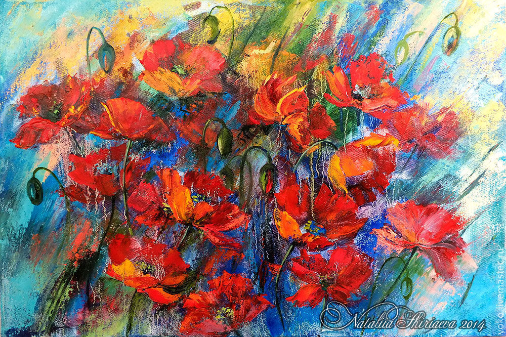 'The movement in the Flow' - author's picture with poppies oil on canvas, Pictures, Antalya,  Фото №1