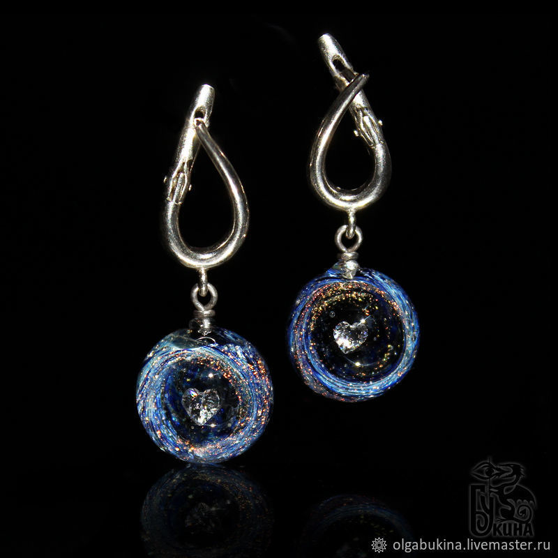Earring balls Heart and stars. Space Galaxy Silver Milky Way. Sky, Earrings, Moscow,  Фото №1