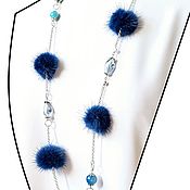 Necklace-beads made of azure mink with rose quartz