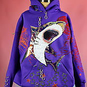 Одежда handmade. Livemaster - original item Purple hoodie with embroidery shark octopus oversize large size. Handmade.
