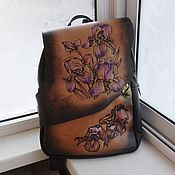 Сумки и аксессуары handmade. Livemaster - original item Leather backpack with engraving and painting to order Irises.. Handmade.