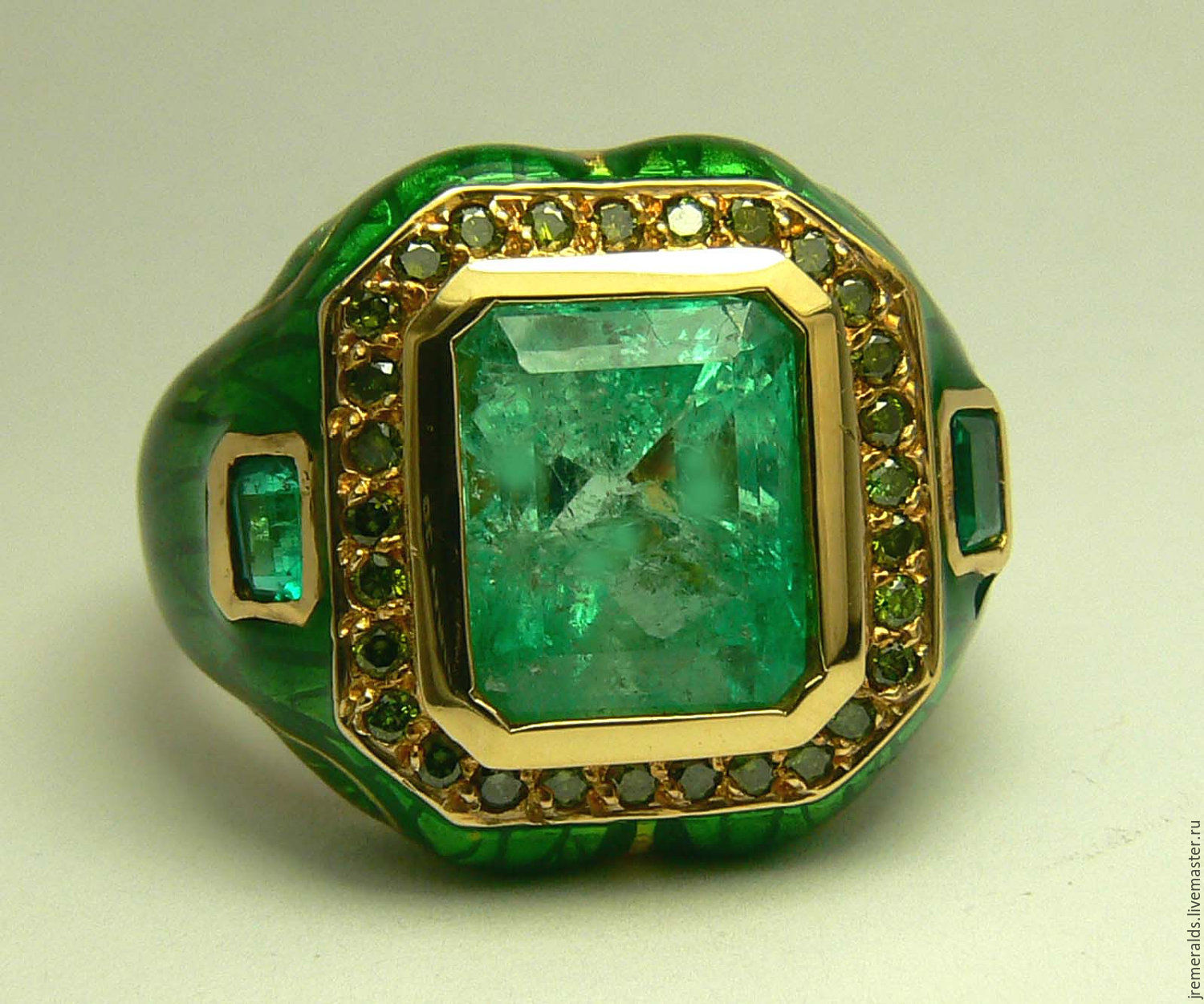 Colombian Emerald & Diamond Enamel Ring 14k купить на Ярмарке