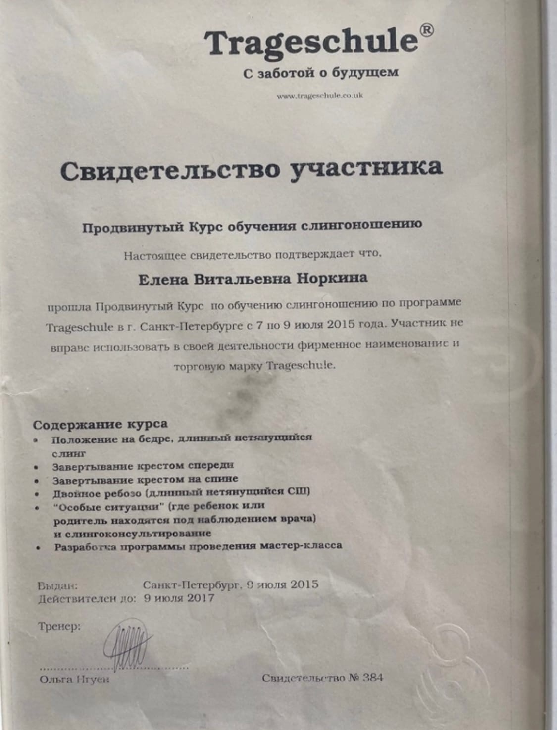Свидетельство Trageschule, европейская школа