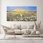 Картины и панно handmade. Livemaster - original item Oil landscape for two. Dawn in a blooming field with oil.. Handmade.
