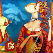 Картина маслом на холсте, по мотивам картины Гогена Таитянка с манго