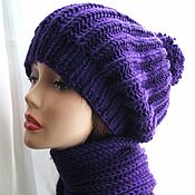 Аксессуары handmade. Livemaster - original item Autumn Knitted Beret and Violet Scarf Set with Knitting Needles. Handmade.